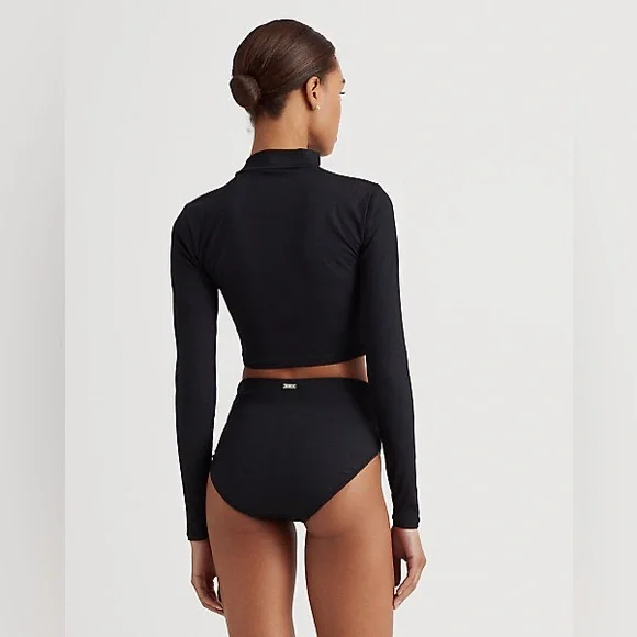 Lauren Ralph Lauren Ribbed Cropped Mockneck Rash Guard Black Swim TOP ONLY NEW - Picture 4 of 9